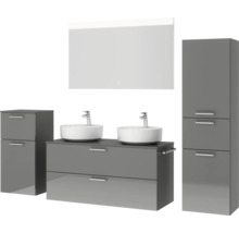Doppel-Badmöbel-Set NOBILIA Modern BxHxT 200 x 169,1 x 49 cm Frontfarbe grau hochglanz mit Spiegel mit LED-Beleuchtung Unterschrank Midischrank Griff chrom matt 837