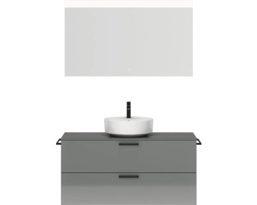 Badmöbel-Set NOBILIA Modern BxHxT 120 x 169,1 x 49 cm Frontfarbe grau hochglanz mit Spiegel eckig mit LED-Beleuchtung Griff schwarz 764 Waschtisch mit Spiegel und Aufsatzwaschbecken für das Badezimmer