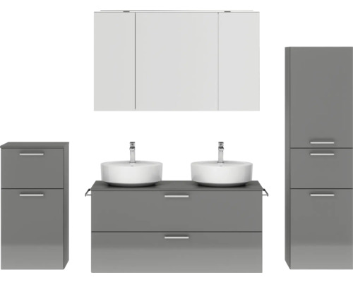 Ensemble de meubles de salle de bains double NOBILIA Modern lxhxp 200 x 169,1 x 49 cm couleur de façade gris haute brillance avec armoire de toilette à éclairage LED meuble bas armoire midi poignée chrome mat 845