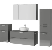 Badmöbel-Set NOBILIA Modern BxHxT 200 x 169,1 x 49 cm Frontfarbe grau hochglanz mit Spiegelschrank mit LED-Beleuchtung Unterschrank Midischrank Griff chrom matt 797