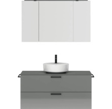 Badmöbel-Set NOBILIA Modern BxHxT 120 x 169,1 x 49 cm Frontfarbe grau hochglanz mit Spiegelschrank mit LED-Beleuchtung Griff schwarz 772