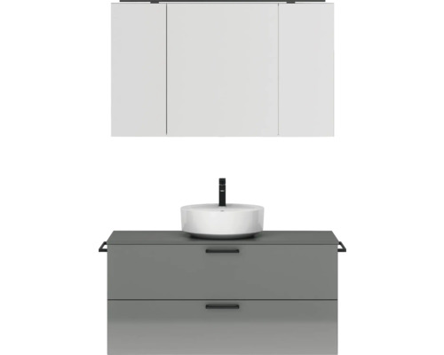 Badmöbel-Set NOBILIA Modern BxHxT 120 x 169,1 x 49 cm Frontfarbe grau hochglanz mit Spiegelschrank mit LED-Beleuchtung Griff schwarz 772 Waschtischkombination mit Aufsatzwaschbecken, Unterschrank mit Schubladen und Spiegelschrank