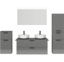 Doppel-Badmöbel-Set NOBILIA Modern BxHxT 200 x 169,1 x 49 cm Frontfarbe grau hochglanz mit Spiegel mit LED-Beleuchtung Unterschrank Midischrank Griff schwarz 836