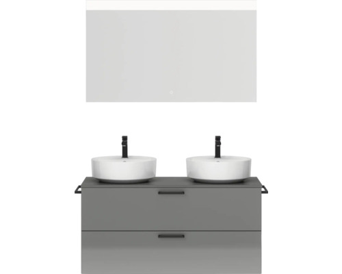 Ensemble de meubles de salle de bains double NOBILIA Modern lxhxp 120 x 169,1 x 49 cm couleur de façade gris haute brillance avec miroir rectangulaire à éclairage LED poignée noir 820