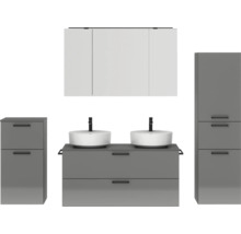 Doppel-Badmöbel-Set NOBILIA Modern BxHxT 200 x 169,1 x 49 cm Frontfarbe grau hochglanz mit Spiegelschrank mit LED-Beleuchtung Unterschrank Midischrank Griff schwarz 844