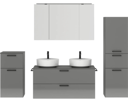 Ensemble de meubles de salle de bains double NOBILIA Modern lxhxp 200 x 169,1 x 49 cm couleur de façade gris haute brillance avec armoire de toilette à éclairage LED meuble bas armoire midi poignée noir 844