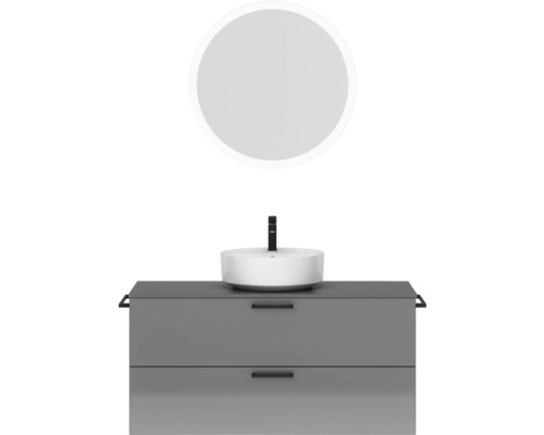 Badmöbel-Set NOBILIA Modern BxHxT 120 x 169,1 x 49 cm Frontfarbe grau hochglanz mit Spiegel rund mit LED-Beleuchtung Griff schwarz 780 Waschtischkombination mit Aufsatzwaschbecken und rundem Spiegel