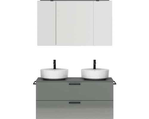 Ensemble de meubles de salle de bains double NOBILIA Modern lxhxp 120 x 169,1 x 49 cm couleur de façade gris haute brillance avec armoire de toilette à éclairage LED poignée noir 828