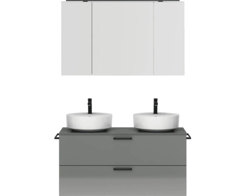 Doppel-Badmöbel-Set NOBILIA Modern BxHxT 120 x 169,1 x 49 cm Frontfarbe grau hochglanz mit Spiegelschrank mit LED-Beleuchtung Griff schwarz 828 Waschtischkombination mit zwei Waschbecken, Unterschrank mit Schubladen und Spiegelschrank