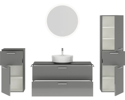 Graue Waschtischkombination mit Spiegel und Hochschrank für das Badezimmer