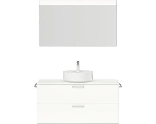 Badmöbel-Set NOBILIA Modern BxHxT 120 x 169,1 x 49 cm Frontfarbe weiß hochglanz mit Spiegel eckig mit LED-Beleuchtung Griff chrom matt 763 Waschtisch mit Aufsatzwaschbecken und Spiegelschrank für Badezimmer