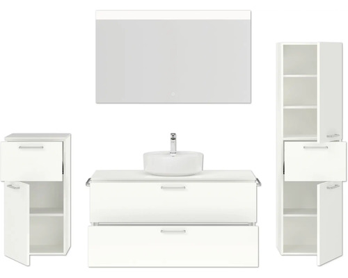 Ensemble de salle de bains avec meuble-lavabo, lavabo, armoire de toilette et armoires hautes