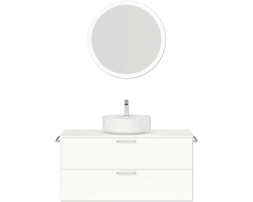 Badmöbel-Set NOBILIA Modern BxHxT 120 x 169,1 x 49 cm Frontfarbe weiß hochglanz mit Spiegel rund mit LED-Beleuchtung Griff chrom matt 779 Waschtischkombination mit Aufsatzwaschbecken, Armatur und rundem Spiegel für das Badezimmer