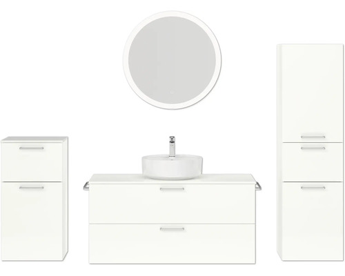 Badmöbel-Set NOBILIA Modern BxHxT 200 x 169,1 x 49 cm Frontfarbe weiß hochglanz mit Spiegel rund mit LED-Beleuchtung Unterschrank Midischrank Griff chrom matt 803 Badezimmer-Set mit Waschtisch, Spiegel und Schrank für die Badezimmereinrichtung