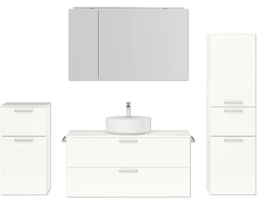 Ensemble de meubles de salle de bains NOBILIA Modern lxhxp 200 x 169,1 x 49 cm couleur de façade blanc haute brillance avec armoire de toilette à éclairage LED meuble bas armoire midi poignée chrome mat 795