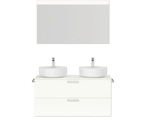 Ensemble de meubles de salle de bains double NOBILIA Modern lxhxp 120 x 169,1 x 49 cm couleur de façade blanc haute brillance avec miroir rectangulaire à éclairage LED poignée chrome mat 819