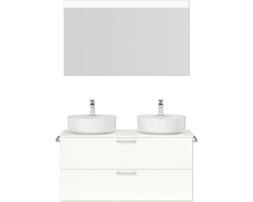 Doppel-Badmöbel-Set NOBILIA Modern BxHxT 120 x 169,1 x 49 cm Frontfarbe weiß hochglanz mit Spiegel eckig mit LED-Beleuchtung Griff chrom matt 819 Doppelwaschtisch mit Unterschrank und Spiegel für das Badezimmer