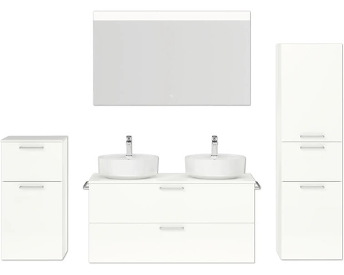 Ensemble de meubles de salle de bains double NOBILIA Modern lxhxp 200 x 169,1 x 49 cm couleur de façade blanc haute brillance avec miroir à éclairage LED meuble bas armoire midi poignée chrome mat 835