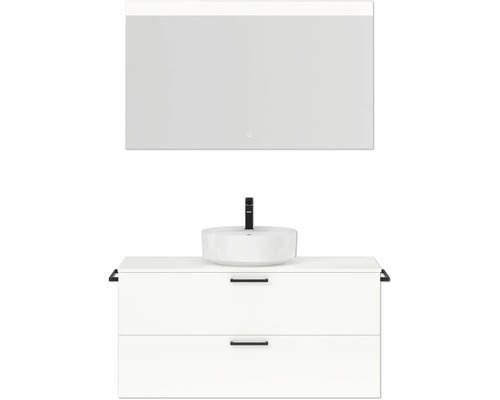 Badmöbel-Set NOBILIA Modern BxHxT 120 x 169,1 x 49 cm Frontfarbe weiß hochglanz mit Spiegel eckig mit LED-Beleuchtung Griff schwarz 762 Waschtischkombination mit Aufsatzwaschbecken, Unterschrank und Spiegel für das Badezimmer