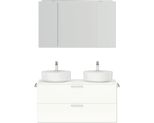 Ensemble de meubles de salle de bains double NOBILIA Modern lxhxp 120 x 169,1 x 49 cm couleur de façade blanc haute brillance avec armoire de toilette à éclairage LED poignée chrome mat 827