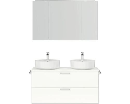 Doppel-Badmöbel-Set NOBILIA Modern BxHxT 120 x 169,1 x 49 cm Frontfarbe weiß hochglanz mit Spiegelschrank mit LED-Beleuchtung Griff chrom matt 827 Waschtisch mit zwei Waschbecken und Spiegelschrank für das Badezimmer