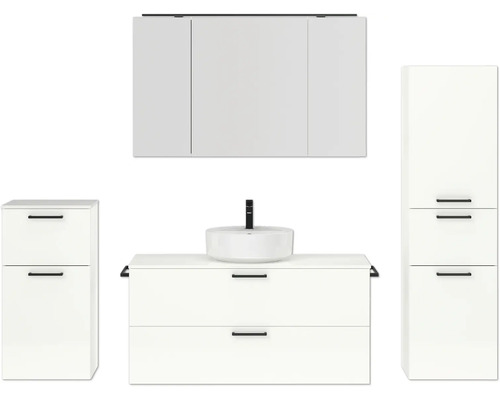 Ensemble de meubles de salle de bains NOBILIA Modern lxhxp 200 x 169,1 x 49 cm couleur de façade blanc haute brillance avec armoire de toilette à éclairage LED meuble bas armoire midi poignée noir 794