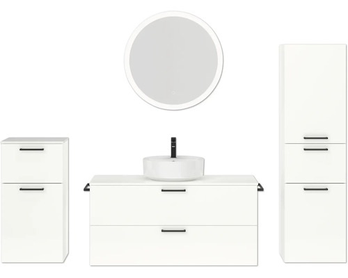 Badmöbel-Set NOBILIA Modern BxHxT 200 x 169,1 x 49 cm Frontfarbe weiß hochglanz mit Spiegel rund mit LED-Beleuchtung Unterschrank Midischrank Griff schwarz 802 Badezimmerensemble mit Waschtisch, Aufsatzwaschbecken, Spiegel und Seitenschrank