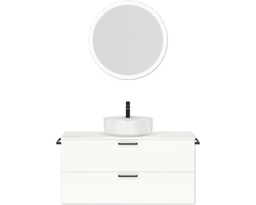 Badmöbel-Set NOBILIA Modern BxHxT 120 x 169,1 x 49 cm Frontfarbe weiß hochglanz mit Spiegel rund mit LED-Beleuchtung Griff schwarz 778 Badezimmer mit Waschtischunterschrank, Aufsatzwaschbecken, Armatur und Spiegel