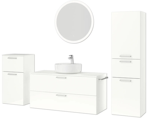 Ensemble de salle de bains avec meuble-lavabo, miroir et armoire haute