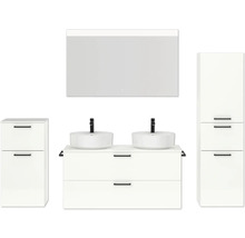 Doppel-Badmöbel-Set NOBILIA Modern BxHxT 200 x 169,1 x 49 cm Frontfarbe weiß hochglanz mit Spiegel mit LED-Beleuchtung Unterschrank Midischrank Griff schwarz 834