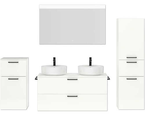 Doppel-Badmöbel-Set NOBILIA Modern BxHxT 200 x 169,1 x 49 cm Frontfarbe weiß hochglanz mit Spiegel mit LED-Beleuchtung Unterschrank Midischrank Griff schwarz 834