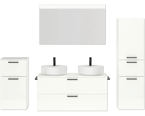 Ensemble de meubles de salle de bains double NOBILIA Modern lxhxp 200 x 169,1 x 49 cm couleur de façade blanc haute brillance avec miroir à éclairage LED meuble bas armoire midi poignée noir 834