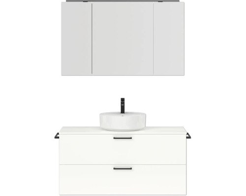 Badmöbel-Set NOBILIA Modern BxHxT 120 x 169,1 x 49 cm Frontfarbe weiß hochglanz mit Spiegelschrank mit LED-Beleuchtung Griff schwarz 770 Badezimmermöbel-Set mit Waschbecken, Unterschrank und Spiegelschrank