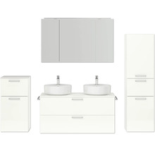 Modernes Badezimmerensemble mit Waschtischunterschrank, zwei Aufsatzwaschbecken, Spiegelschrank und Hochschrank.