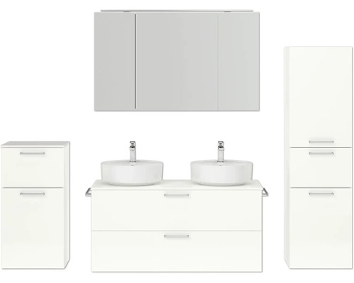 Ensemble de meubles de salle de bains double NOBILIA Modern lxhxp 200 x 169,1 x 49 cm couleur de façade blanc haute brillance avec armoire de toilette à éclairage LED meuble bas armoire midi poignée chrome mat 843