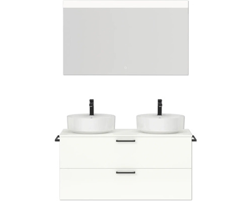 Ensemble de meubles de salle de bains double NOBILIA Modern lxhxp 120 x 169,1 x 49 cm couleur de façade blanc haute brillance avec miroir rectangulaire à éclairage LED poignée noir 818