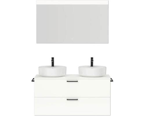 Doppel-Badmöbel-Set NOBILIA Modern BxHxT 120 x 169,1 x 49 cm Frontfarbe weiß hochglanz mit Spiegel eckig mit LED-Beleuchtung Griff schwarz 818 Badezimmerensemble mit zwei Waschbecken, Unterschrank mit Schubladen und Spiegel