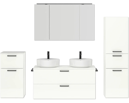 Doppel-Badmöbel-Set NOBILIA Modern BxHxT 200 x 169,1 x 49 cm Frontfarbe weiß hochglanz mit Spiegelschrank mit LED-Beleuchtung Unterschrank Midischrank Griff schwarz 842