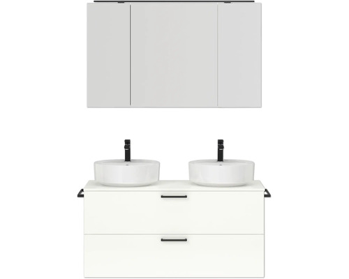 Ensemble de meubles de salle de bains double NOBILIA Modern lxhxp 120 x 169,1 x 49 cm couleur de façade blanc haute brillance en 2 parties avec armoire de toilette à éclairage LED poignée noir 826