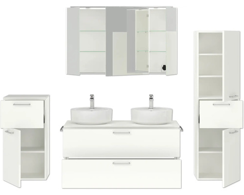 Badezimmermöbelset mit Waschbecken, Unterschrank, Seitenschrank und Spiegelschrank für ein modernes Badezimmerdesign