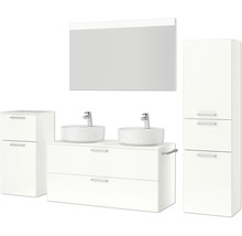 Doppel-Badmöbel-Set NOBILIA Modern BxHxT 200 x 169,1 x 49 cm Frontfarbe weiß hochglanz mit Spiegel mit LED-Beleuchtung Unterschrank Midischrank Griff chrom matt 835