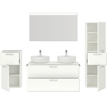 Doppel-Badmöbel-Set NOBILIA Modern BxHxT 200 x 169,1 x 49 cm Frontfarbe weiß hochglanz mit Spiegel mit LED-Beleuchtung Unterschrank Midischrank Griff chrom matt 835