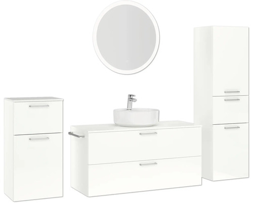 Ensemble de salle de bains avec lavabo, miroir et armoire haute