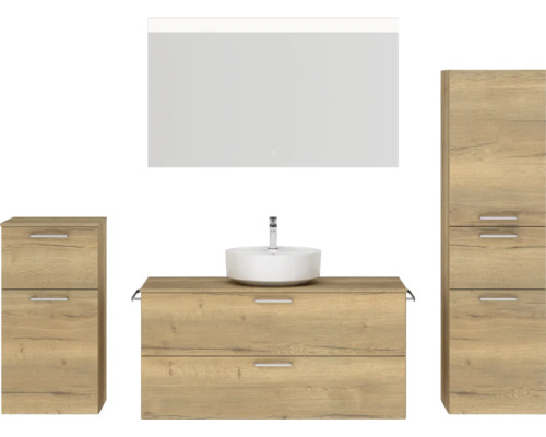 Badmöbel-Set NOBILIA Modern BxHxT 200 x 169,1 x 49 cm Frontfarbe eiche hell mit Spiegel mit LED-Beleuchtung Unterschrank Midischrank Griff chrom matt 791 Badezimmermöbel Set mit Waschbecken, Waschtisch, Spiegelschrank und Hochschrank