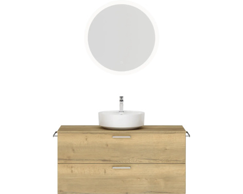 Badmöbel-Set NOBILIA Modern BxHxT 120 x 169,1 x 49 cm Frontfarbe eiche hell mit Spiegel rund mit LED-Beleuchtung Griff chrom 783 Badezimmer Waschtischkombination mit rundem Spiegel, Aufsatzwaschbecken und Unterschrank mit zwei Schubladen