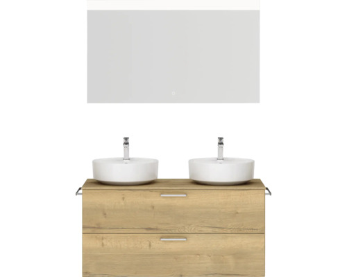 Ensemble de meubles de salle de bains double NOBILIA Modern lxhxp 120 x 169,1 x 49 cm couleur de façade chêne clair avec miroir rectangulaire à éclairage LED poignée chrome mat 823