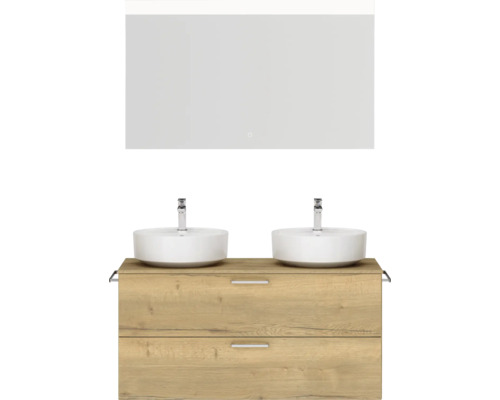 Doppel-Badmöbel-Set NOBILIA Modern BxHxT 120 x 169,1 x 49 cm Frontfarbe eiche hell mit Spiegel eckig mit LED-Beleuchtung Griff chrom matt 823 Doppelwaschtisch mit Holzunterschrank und rechteckigem Spiegel für das Badezimmer