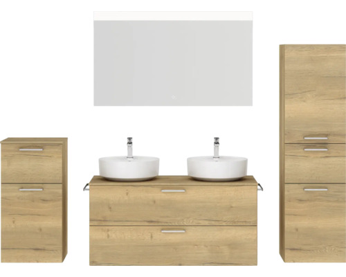 Ensemble de meubles de salle de bains double NOBILIA Modern lxhxp 200 x 169,1 x 49 cm couleur de façade chêne clair avec miroir à éclairage LED meuble bas armoire midi poignée chrome mat 839