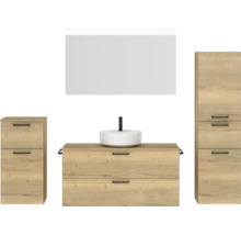 Badmöbel-Set NOBILIA Modern BxHxT 200 x 169,1 x 49 cm Frontfarbe eiche hell mit Spiegel mit LED-Beleuchtung Unterschrank Midischrank Griff schwarz 790