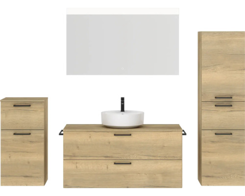 Badmöbel-Set NOBILIA Modern BxHxT 200 x 169,1 x 49 cm Frontfarbe eiche hell mit Spiegel mit LED-Beleuchtung Unterschrank Midischrank Griff schwarz 790 Badezimmer-Set mit Waschtisch, Waschbecken, Spiegelschrank und Hochschrank